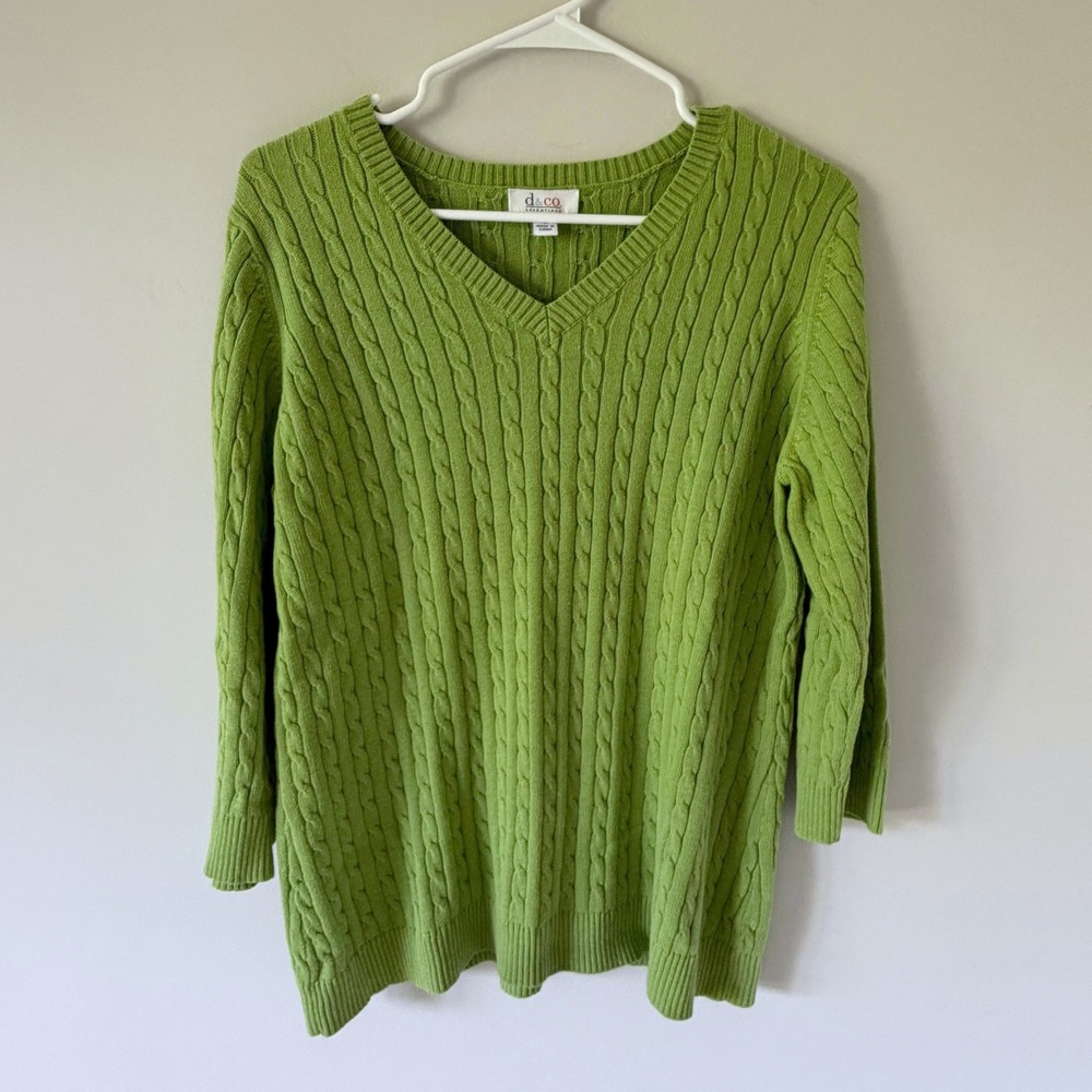 Denim & Co Green Cable Knit V-Neck 100% Cotton Sweater M Preppy Classic Sporty